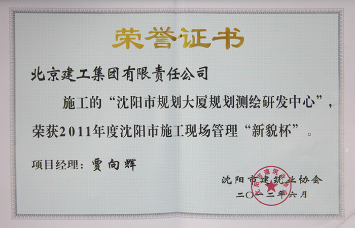 2011年新貌杯证书(沈阳市规划大厦工程)